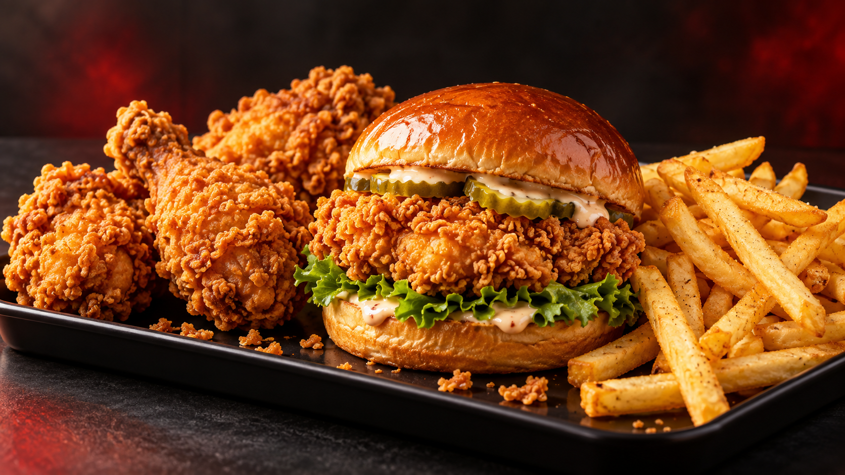 Crispy chicken, chicken burger and fries